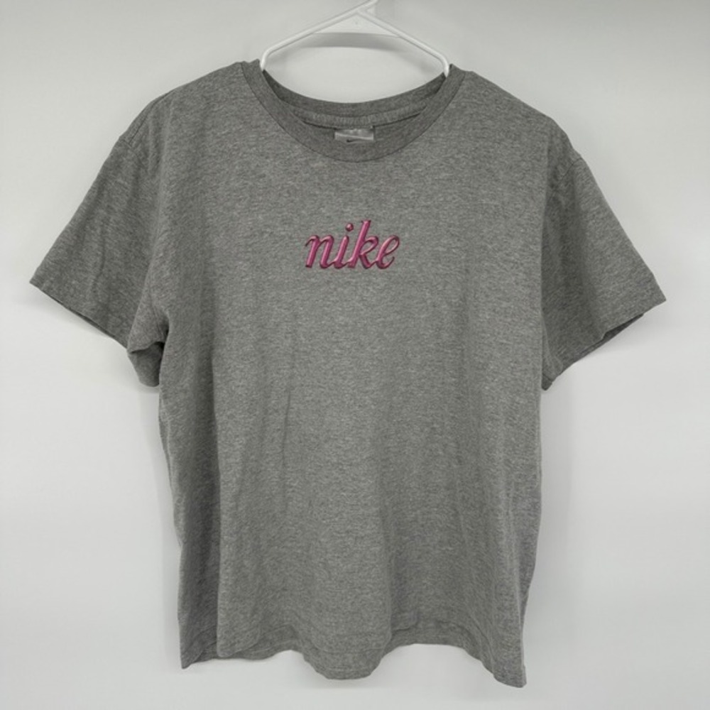 Vintage Y2K Nike Gray Shirt Womens XL Spellout Pink‎ Logo Made in USA Casual